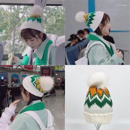 Berets Yang Zi Same Style With Fur Ball Woollen Cap Korean Autumn And Winter Warm Knitted Hat Cute Sweet Fresh Pullover