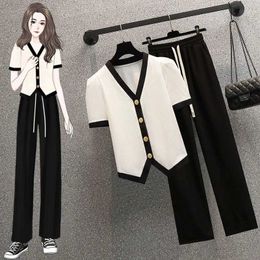 Women's Two Piece Pants Vneck Short Sleeved Chiffon Shirt Tops Casual Wide Leg Twopiece Elegant Set Summer Office Outfits