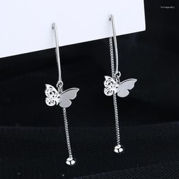 Dangle Earrings Sweet Hollow Metal Butterfly For Women Lady Silver Color Alloy Beads Chain Simulation Wing Long Tassel Brincos