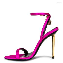 Sandals Fairy Metal Decorative High-Heeled 2023 Summer Word Buckle Simple Thin Heel Shoes Casual Leather Banquet