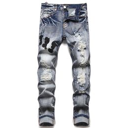 Indigo Blue Ripped Patch Mens Jeans Fashion Slim Fit Washed Motorcycle Denim Pants Panelled Hip Hop Stretch Trousers225D