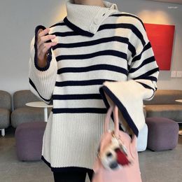 Women's Sweaters Clothland Women Sweet Striped Knitting Sweater Button Up Collar Long Sleeve Pullover Knitwear Office Wear Tops Mujer HA370