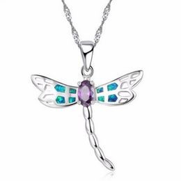 Novas mulheres libélula design pingente colar 925 prata esterlina azul fogo opala colares jóias para lady2657