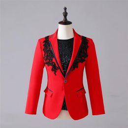 Men's Embroidery Sequins Suit Blazers Red Formal Banquet Wedding Tuxedo Bar Stage Evening Party Singer Host Performance Coat 192k