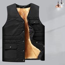 Men's Vests 2023 Autumn Winter Men Fashion V-neck Fleece Sleeveless Coats Male Middle-aged Warm Waistcoat Pockets Vest Jackets D551