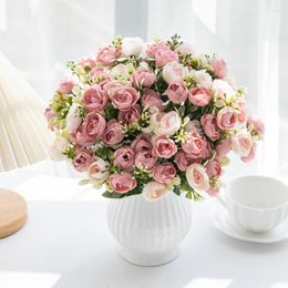 Decorative Flowers 5 Fork 15 Head Artificial Silk Rose Small Tea Bud For Wedding Pography Background Wall Home Vase Christmas Decoration