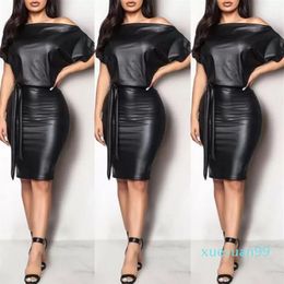 Casual Dresses Black Asymmetrical Sexy Faux Leather Bodycon Dress Women Summer Long Sleeve Knee Length Pencil311S