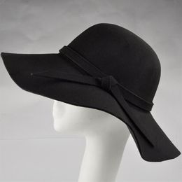 Wide Brim Hats Fashion Women Hat With Wool Felt Bowler Fedora Floppy Cloche Sun Beach Bowknot Cap Fall259v