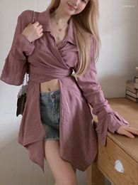 Women's Blouses Korejepo French Gentle Shirt Autumn Long Sleeved Cross Waist Pink Shirts Design Beautiful Temperament Tops