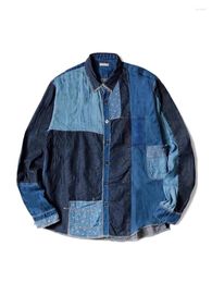 Men's Casual Shirts Denim Wash Print Patchwork Long Sleeved Shirt Jacket Unisex Japan Style Clothing Y2k Clothes For Women