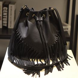 New Bags Tassel Braid Drawstring PU Bucket Bag Fashion One Shoulder Messenger Ladies Handbag Bags for Women Purses Handbags