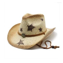 Berets Summer Sun Straw Hat Five-Pointed Star Paint Men Women Handmade Weave Western Cowboy Cap Panama Beach Sombrero