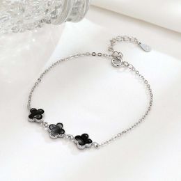 S925 Sterling Pure Silver Clover Designer Charm Bracelet For Women Girl Link Chain Black Bracelets Jewellery Gift