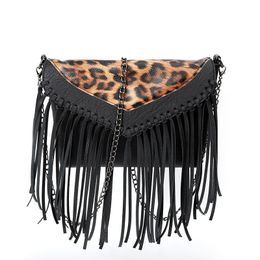 New Tassel Handbag Women Cowboy Crossbody Bags Splicing Leopard Cow Animal Prints Leather Western Fringe Purse