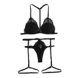 G-String Halter Women's Bras Sets Erotic Costumes Transparent Lace Bra Sexy Lingerie Set Porn Temptation Sex Exotic204Q