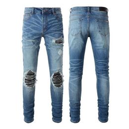 Men's Jeans Amris Pants Designer Amira Fashion Men Pleated High Street Hole Fitted Denim Cotton Slim Fit Ubds Wrinkled Knee P260E