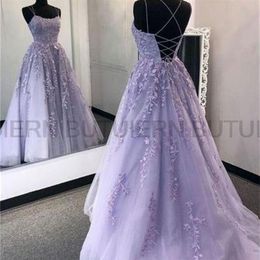 Party Dresses Lilac Lace Prom Dresses Spaghetti Straps Vestido De Fiesta Open Back A Line Women Prom Gowns Long Formal Evening Gow2602