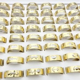 Whole 100PCS Stainless Steel Band Rings For Men Laser Cut Mixed Patterns Fashion Jewelry Womens Ring Size 17-21mm Golden Plate317m