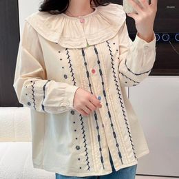 Women's Blouses Elegant Feminine Shirts Korean Style Colorful Buttons Ukrainian Embroidery Long Sleeve For Women Beige Lolita Clothings