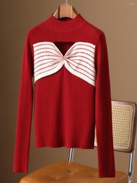 Women's Sweaters Careful Machine Chest Hollow Out Wool Knitwear For Autumn And Winter Western Style Sexy Chinese Red Long Sleeve