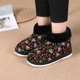 Girs Winter Cute Warm Plush Fur Mid-calf Boots Floral Folk-custom Cotton Flat Flock Zip Black Blue 230922