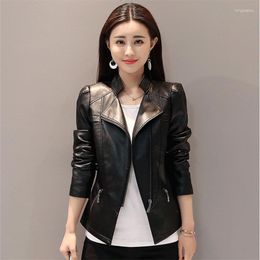 Women's Leather 2023 Spring Autumn Women Elegant Slim Fit Short PU Coat Female Korean Style Stand Collar Casual Biker Jacket