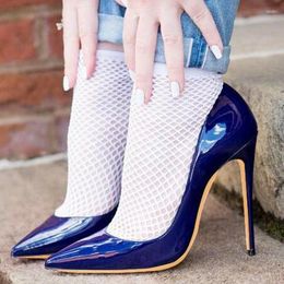 Dress Shoes Blue Patent Leather High Heel Pumps 8 10 12cm Stiletto Brand Pointed Toe Banquet Women Plus Size 45
