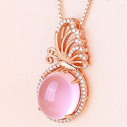 Pendant Necklaces Exquisite Rose Gold Plated Butterfly Necklace Natural Pink Gems Crystal Bridal Wedding Fine Jewelry Lover's Xmas Gifts