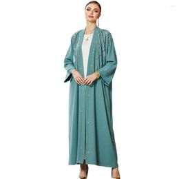 Ethnic Clothing Women Satin Silk Green Handmade Diamond Beading Luxury Dubai Muslim Bling Open Abaya Wide Sleeve Kimono Cardigan