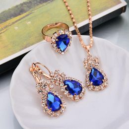 Necklace Earrings Set Women's Beautifully Jewelry With Shimmering Rhinestones Surrounded By Blue Jewels Design Pendant