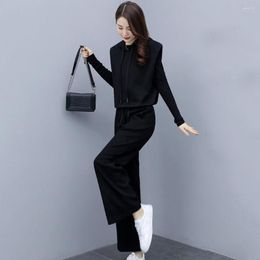 Women's Two Piece Pants Casual Set For Women Stylish Three-piece Black Hooded Vest Coat Elastic Waist Wide Leg Office All