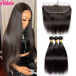 Synthetic s Alibele Straight Bundles With 13X4 Frontal Human Hair 26 Inches Brazilian Weaving Remy Free Part 100 231007
