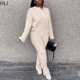 Women's Two Piece Pants HLJ Fall Winter Solid Colour Knitting Sweater Sets Women Button Long Sleeve Top And Tracksuit Casual 2pcs Outfits