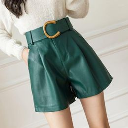 Women's Shorts Leather Above Knee-length For Women With Pockets High Waist Loose Wide Leg Long Faux Pu T387