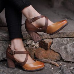 Dress Shoes Women High Heels 8 Cm With Buckle Strap Pu Leather Round Toe Daily Walking Retro Women's