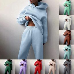 Women's Two Piece Pants Autumn And Winter Thickened Solid Colour Long Sleeve Pullover Hoodies Elastic Waist Sweatpants 2 Set Outfits