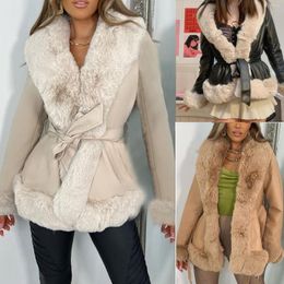 Women's Leather Faux Jacket Women PU Large Fur Collar Lace-up Waist Coat Stitching Slim Long-sleeved Womens