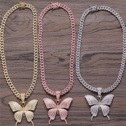 Fine Jewellery Gold Plated Micro Paved CZ Cubic Zircon Diamond Cuban Link Chain with Butterfly Necklace Hip Hop Jewelry2839