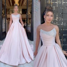 Light Pink 2023 Prom Dresses Sequins Beaded Satin A Line Strapless Sweep Train Ruched Custom Made Evening Party Gowns Vestidos Plus Size