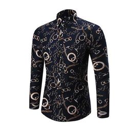 Brand New Print Gold chain Shirts Men Casual Long Sleeve Slim Shirts camisa masculina Male Fashion Floral Shirts2928