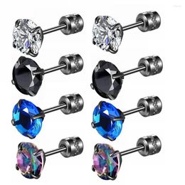 Stud Earrings 4 Pairs Stainless Steel Double Side Cubic Zirconia Screw Back For Women Men Piercing Sleeper Studs Jewelry 6mm