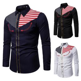 Men's Casual Shirts PUIMENTIUA 2021 Western Cowboy Embroidered Shirt American Flag Button Down Slim Fit Long Sleeve212z