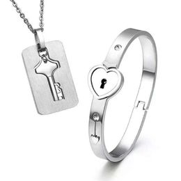 2pcs Set New Stainless Steel Silver Love Heart Lock Bangle Bracelet Matching Key Tag Pendant Necklace Couple Set271R