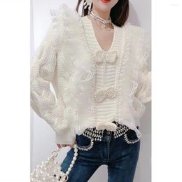 Women's Sweaters 2023 Sweater Korean Sweet Bowknot Pearl Beaded Tassel Lace Stitching Loose Slim Knit Top Spring And Autumn