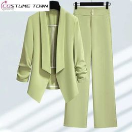 Women's Two Piece Pants Korean Style Slim Fitting Thin Jacket Blazer Casual Wide Leg Twopiece Elegant Set Summer Office Outfits