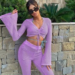 Women's Two Piece Pants Yomesuger Knit Hollow Out Women' S Set Long Sleeve Ruched Crop Top And Flare 2023 Fashion Matched Sets Outfits