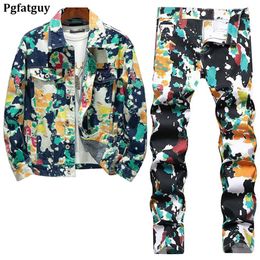 Fashion Loose Tracksuits Men's Camouflage Two-piece Set Multicolor Printing Lapel Denim Jacket and Straight Jeans Four Season275U