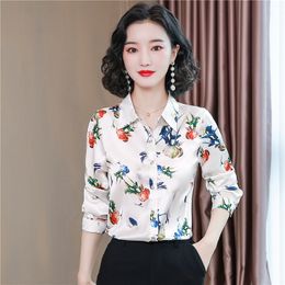 2023 Elegant Printed Graphic White Blouses Autumn Winter Women Designer Silk Satin Lapel Shirt Long Sleeve Classic Button Up Shirts Office Lady Chic Plus Size Tops