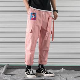 Cargo Harem Pink Pants Mens Casual Joggers Baggy RIbbon Tactical Trousers Harajuku Streetwear Hip Hop Pants Men274L