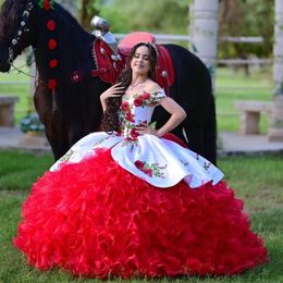 Red Princess Quinceanera Dresses Off Shoulder Lace Appliques Embroidery Tiered Ruffled Vestidos De 15 Anos Quinceanera Birthday 16